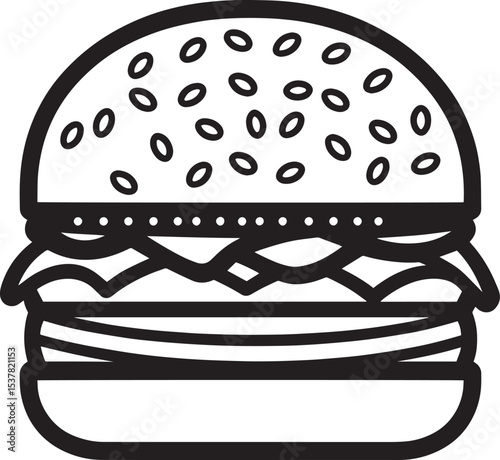 A black and white illustration of a hamburger with sesame seeds on top.