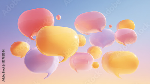 Floating pastel speech bubbles in a minimalist gradient space, symbolizing the exchange of feedback and creative ideas.