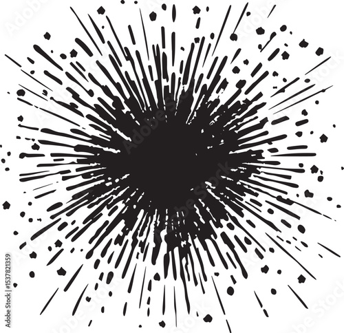 A black and white abstract design with a central black dot surrounded by black lines and dots.
