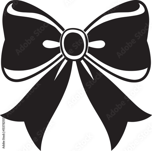 A black and white silhouette of a large bow with a decorative ribbon.