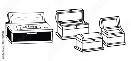 A collection of detailed black and white illustrations of family recipes chests and boxes in vector format