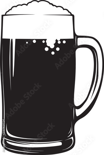 A black and white illustration of a beer mug filled with dark beer.