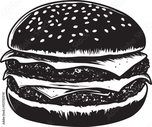 A black and white illustration of a hamburger with sesame seeds on a sesame seed bun, topped with cheese and a patty.