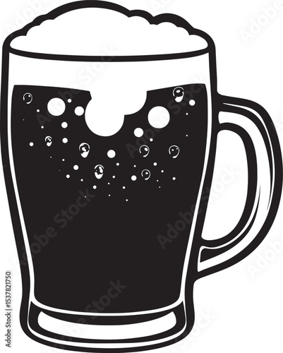 A black and white illustration of a beer mug with a frothy head and bubbles.