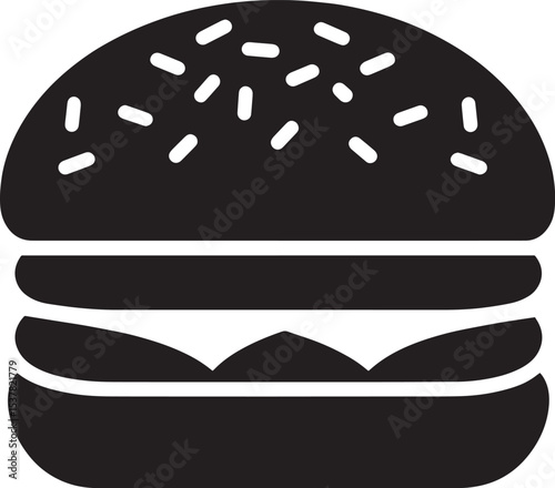 A black and white silhouette of a hamburger with sesame seeds on top.