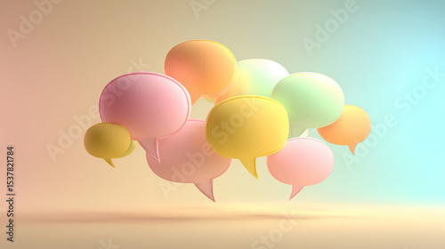 Floating pastel speech bubbles in a minimalist gradient space, symbolizing the exchange of feedback and creative ideas.