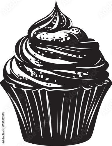 A black and white illustration of a cupcake with a swirl of frosting on top.