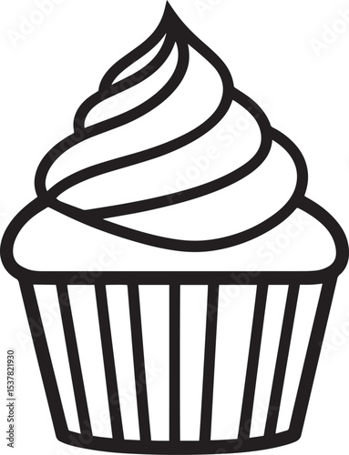 A black and white illustration of a cupcake with a swirl of frosting on top.