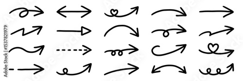 手書きのゆるい矢印アイコンのベクターイラストセット。方向、手描き、シンプル、やじるし