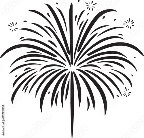 A black and white illustration of a fireworks display against a white background.