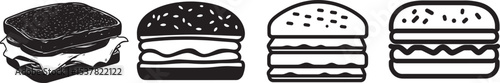 A black and white illustration of a sandwich with a bun, lettuce, and tomato, set against a white background.