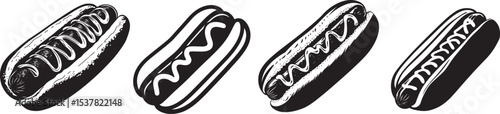 Four hot dogs with various toppings, arranged in a grid.