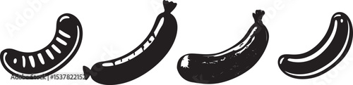 Four black and white illustrations of sausages against a white background.