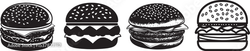 Four black and white hamburger illustrations with sesame seeds on a white background.