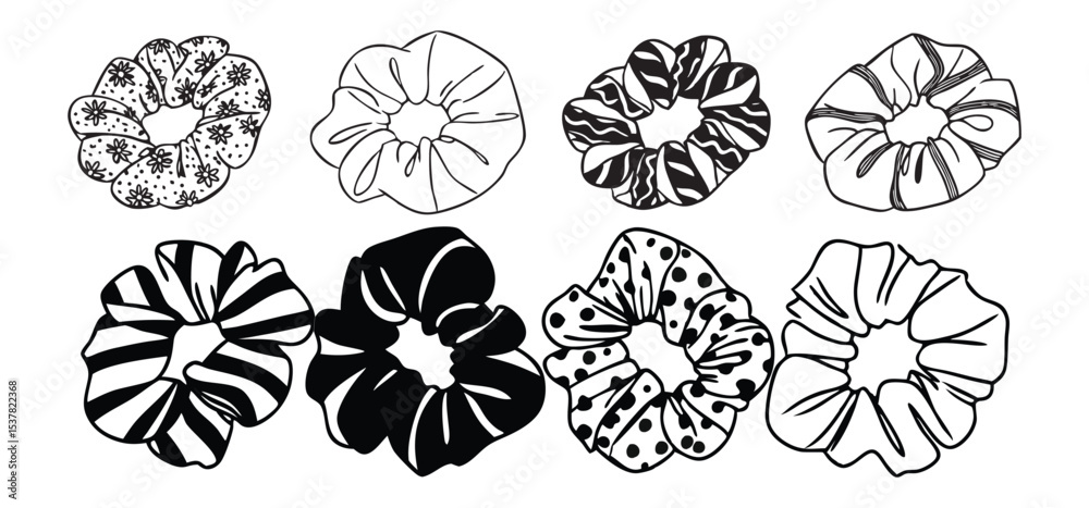 Fototapeta premium A collection of eight different black and white decorative scrunchies illustrating diverse patterns for hairstyling