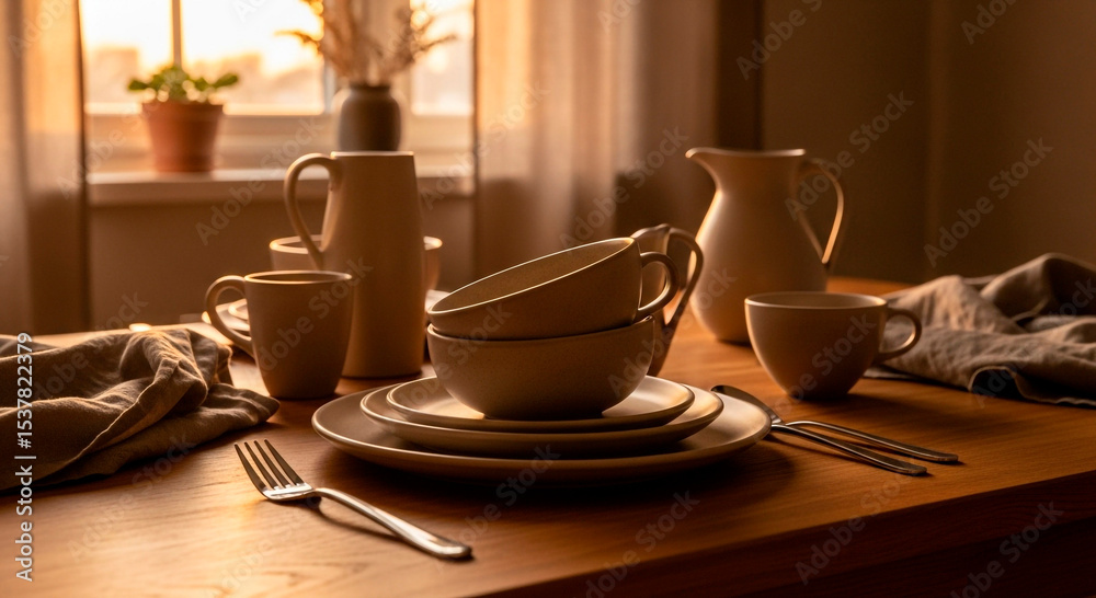 Fototapeta premium Elegant Table Setting with Neutral Tone Ceramic Dishes