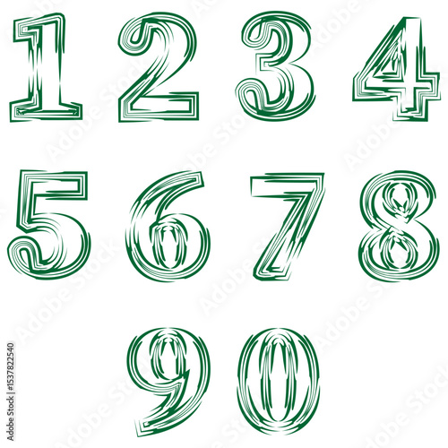 Stylized number set. Hollow striped digits. Decorative green typography. Vector numeric motif.