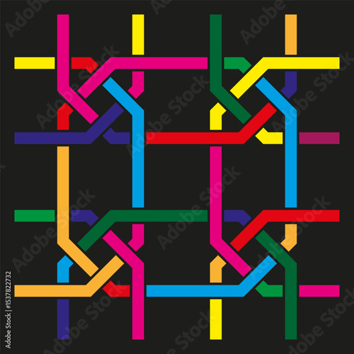 Colorful line pattern. Interlaced ribbon shapes. Bright loop structure. Vector abstract form.