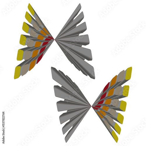 Triangular wing formation. Red yellow accents. Folded shape symmetry. Vector arrow illusion.