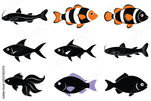Collection of eight different fish silhouettes