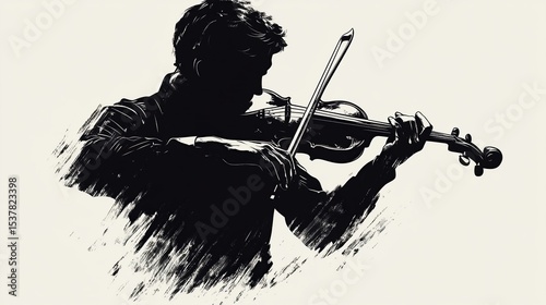Silhouette of a violinist playing, depicted in a textured style with bold lines and dramatic shading