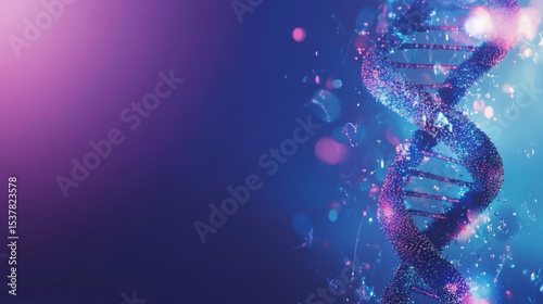 A dynamic illustration of a DNA helix with flowing, luminous strands set against a gradient background of blue and purple hues, Abstract style