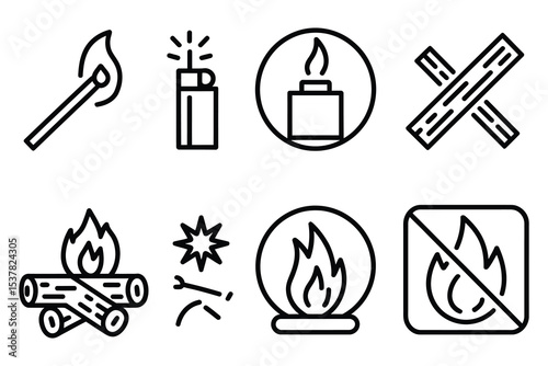 Line style icons of fire-making for survival including fire starter, flint stone, spark chart, warmth bubble, campfire symbol

