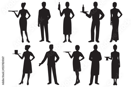 Elegant Waitstaff Silhouettes Restaurant Service Staff Icons Black White