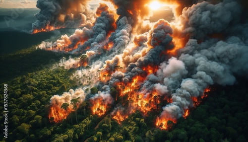 Raging wildfires burn the lush green land below.