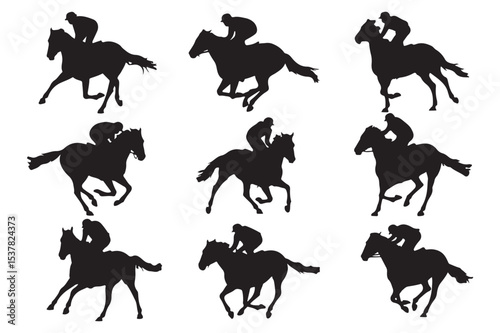 Dynamic Horse Racing Silhouettes A Collection of Nine Jockey and Horse Action Poses Perfect for Sports Designs.