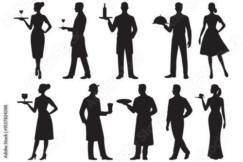 Elegant Waitstaff Silhouettes Restaurant Service Staff Icons Black White