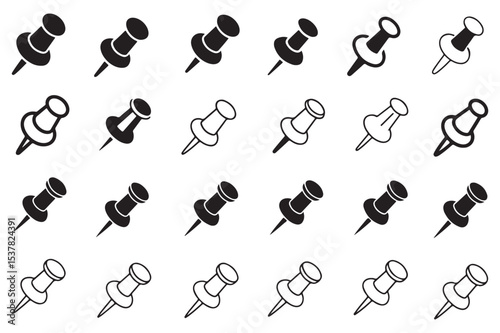 Collection of Black and White Push Pin Icons Perfect for Office Supplies Stationary Design Projects
