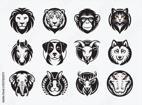 Collection of animal heads in black and white illustration