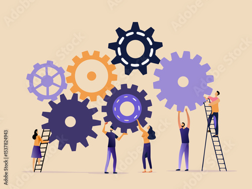 Teamwork and Collaboration Concept with People Connecting Gears Representing Business Strategy Problem Solving and Innovation in a Flat Vector Illustration