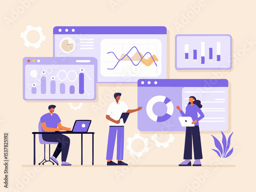 Team analyzing data and business performance metrics using charts and graphs on multiple screens collaborative work environment flat vector illustration