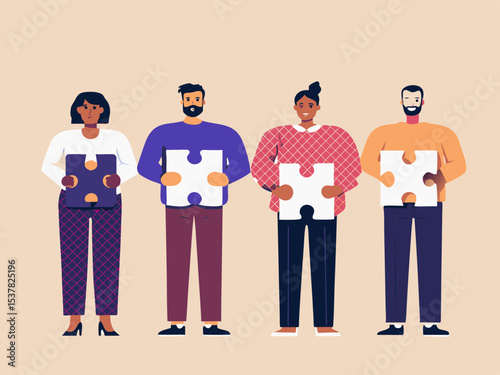 Diverse team members holding puzzle pieces illustrating teamwork collaboration problem solving and the importance of working together to achieve common