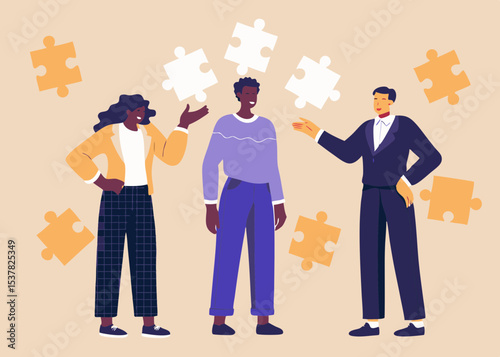 Teamwork and Collaboration Illustration Three Diverse Professionals Connecting Puzzle Pieces for Business Success and Problem Solving Scenarios