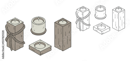 A collection of stylized hand-drawn candles in various wooden holders suitable for decoration and design purposes