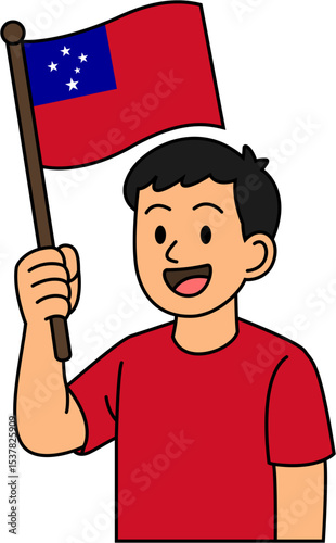 A man is holding holding the Samoa flag