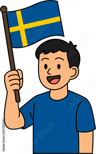 A man is holding the Sweden flag