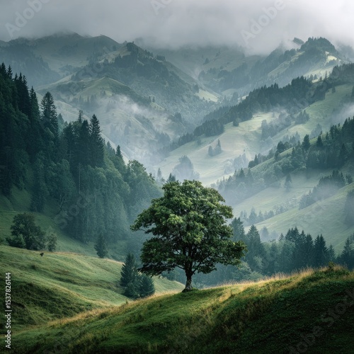 Misty mountain valley with solitary tree