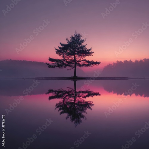 Silhouetted tree mirrored in calm water at sunrise