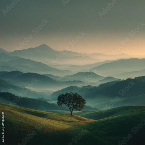 Misty mountain landscape with lone tree (2)
