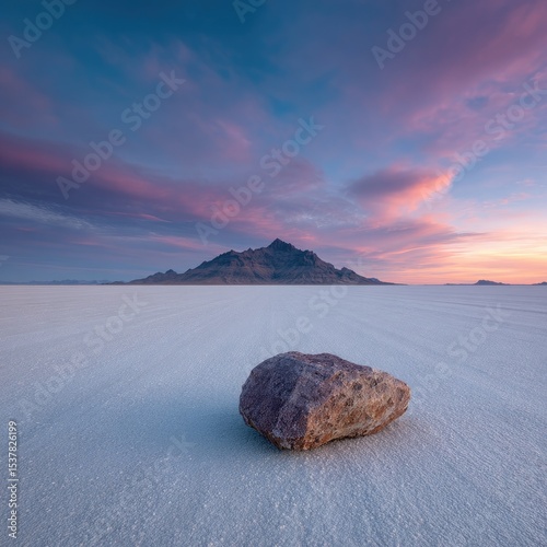 Sunrise over a vast white salt flat, solitary rock