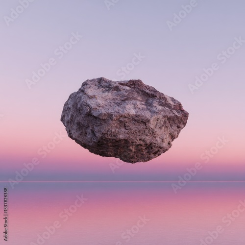 Floating gray rock against a pastel sky and water