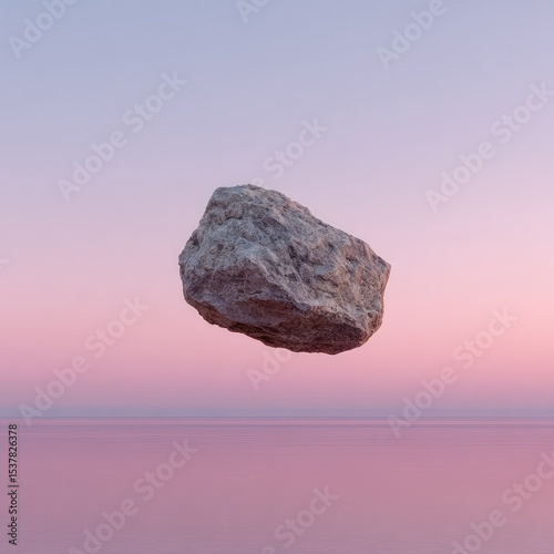 Floating gray rock against pastel sky