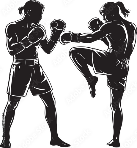 Silhouette of Two Muay Thai Fighters Dynamic Action Pose Illustration