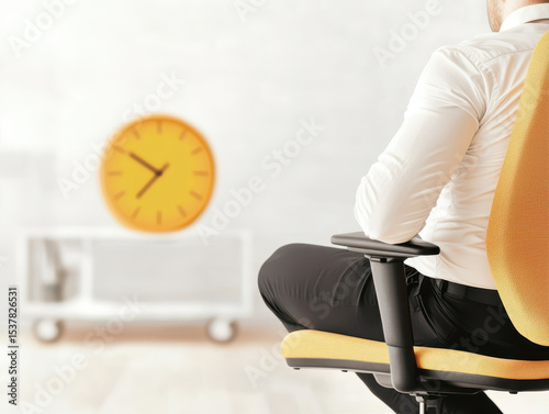 Sedentary office worker sitting in ergonomic chair, focused on time management and productivity in modern workspace