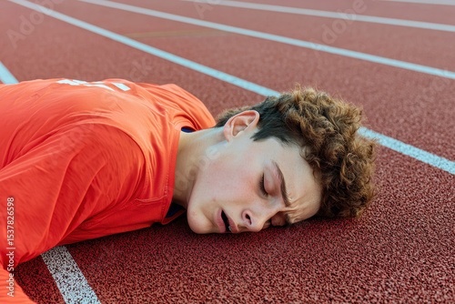 Young athlete collapsed on running track, showing exhaustion and determination in moment of struggle