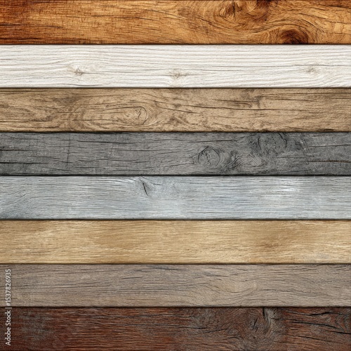Horizontal wood planks in various shades of brown, grey, and white